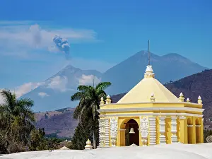 Convent Prints: View over the roof of Church and Convent of La Merced towards Fuego Volcano