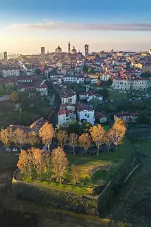Historical Center Prints: View of the rooftops, churches and towers of the Upper Town (Citt√† Alta) of Bergamo city at sunrise