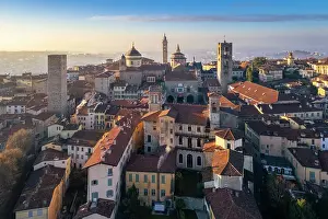 Historical Center Prints: View of the rooftops, churches and towers of the Upper Town (Citt√† Alta) of Bergamo city at sunrise