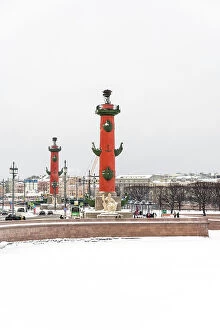 St Petersburg Collection: View towards Rostral Columns and the Spit of Vasilyevsky Island (Vasilyevsky Ostrov) in winter