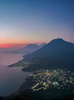Guatemalan Prints: View from Rostro Maya or Indian Nose over Lake Atitlan and San Juan La Laguna towards San Pedro Volcano at dawn