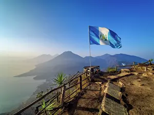 Guatemalan Prints: View from Rostro Maya or Indian Nose over Lake Atitlan towards San Pedro Volcano at sunrise