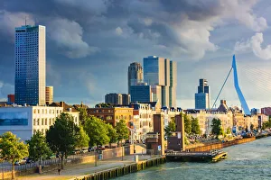Holland Prints: View of Rotterdam skyline with Erasmus bridge at sunset, Holland / Netherlands
