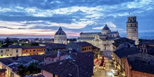 Images Dated 15th July 2019: View over Via Santa Maria towards Cathedral and Leaning Tower at dusk, Pisa, Tuscany