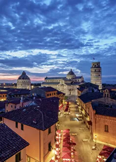 Images Dated 15th July 2019: View over Via Santa Maria towards Cathedral and Leaning Tower at dusk, Pisa, Tuscany