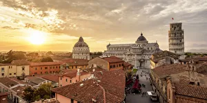 Duomo Gallery: View over Via Santa Maria towards Cathedral and Leaning Tower at sunset, Pisa, Tuscany