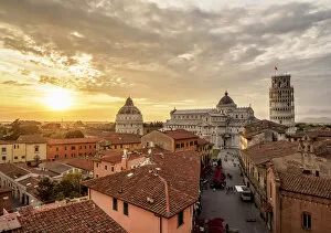 Duomo Gallery: View over Via Santa Maria towards Cathedral and Leaning Tower at sunset, Pisa, Tuscany
