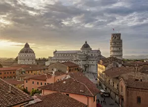 Images Dated 15th July 2019: View over Via Santa Maria towards Cathedral and Leaning Tower at sunset, Pisa, Tuscany