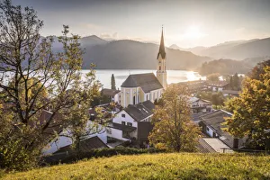 Oberbayern Prints: View of the Schliersee and the St. Sixtus Church, Schliersee, Upper Bavaria, Bavaria