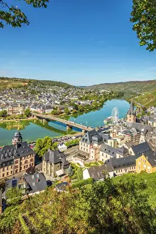 Wine Growing Region Prints: View from the Schuetzenhaus restaurant of the Moselle and Bernkastel-Kues