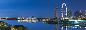 Marina By Sands Hotel Prints: View of Singapore Flyer, Gardens by the Bay and Marina Bay Sands Hotel at dawn, Singapore