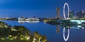 Panorama Prints: View of Singapore Flyer, Gardens by the Bay and Marina Bay Sands Hotel at dawn, Singapore