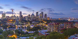 View of skyline at sunset, Sydney, New South Wales, Australia
