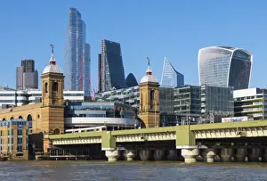 Thames Prints: View towards skyscrapers of the City of London across Cannon Street Railway Bridge