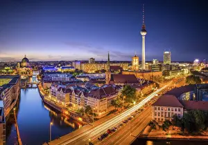Television Tower Prints: View of the Spree, Nikolaiviertel and Television Tower at the evening, Berlin, Germany