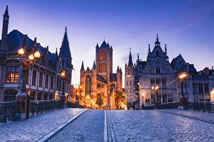 City Square Gallery: View of St. Nicholas church (Sint-Niklskerk) by night in Ghent, Belgium