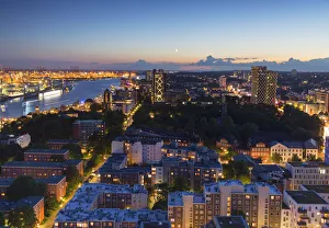 Ian Tower Prints: View of St Pauli at dusk, Hamburg, Germany