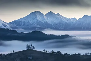 View towards St Thomas Church and the Kamnik Alps, Rantovse, Slovenia