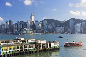 View of Star Ferry Terminal and Hong Kong Island skyline, Hong Kong, China