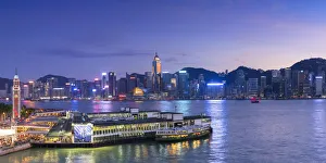 View of Star Ferry Terminal and Hong Kong Island skyline, Hong Kong, China