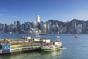 View of Star Ferry Terminal and Hong Kong Island skyline, Hong Kong, China