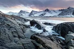 Snow Covered Prints: View towards Steinfjord and snow-covered mountains at sunset in winter