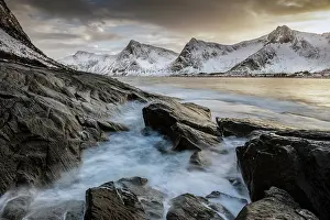 Tungeneset Prints: View towards Steinfjord and snow-covered mountains at sunset in winter