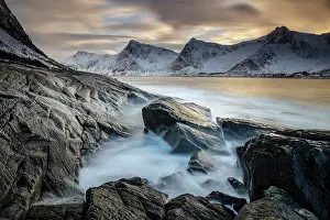 Snow Covered Prints: View towards Steinfjord and snow-covered mountains at sunset in winter