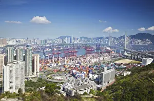 Tsing Yi Prints: View of Stonecutters Bridge and Hong Kong Island from Tsing Yi, Hong Kong, China