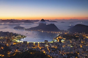 View of Sugarloaf Mountain and Botafogo Bay at dawn, Rio de Janeiro, Brazil