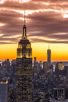 Images Dated 2nd February 2016: Top view at sunset of the Empire State Building with One World Trade Center in the