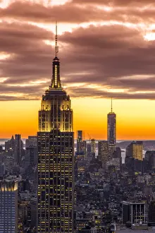 Top view at sunset of the Empire State Building with One World Trade Center in