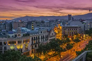 City Centre Prints: Top view at sunset over Passeig de Gracia with Casa Battlo and Casa Amatller, Barcelona