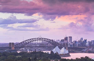 View of Sydney Harbour Bridge and Sydney Opera House at sunset, Sydney, New South Wales