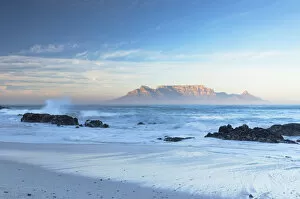 View of Table Mountain from Bloubergstrand beach at sunrise, Cape Town, Western Cape
