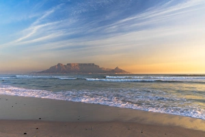 View of Table Mountain from Bloubergstrand at sunset, Cape Town, Western Cape, South