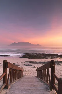 View of Table Mountain from Bloubergstrand at sunset, Cape Town, Western Cape, South
