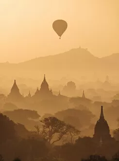 Burma Gallery: View of Temples and Hot Air Balloons at dawn, Bagan, Mandalay Region, Myanmar