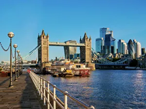 River Bank Prints: View towards Tower Bridge at sunrise, London, England, United Kingdom