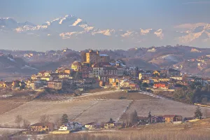 Cuneo Province Prints: View of the town and castle of Roddi in winter. Langhe, Cuneo district, Piedmont, Italy