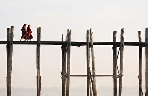 Burmese Prints: View of U-Bein Bridge at Dawn, Amarapura, Mandalay, Mandalay Region, Myanmar