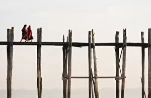 Monks Gallery: View of U-Bein Bridge at Dawn, Amarapura, Mandalay, Mandalay Region, Myanmar