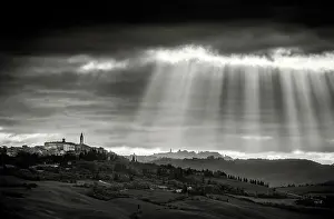 B And W Prints: View across the Val d'Orcia towards Pienza beneath a dark