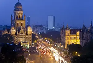 Bombay Prints: View over Victoria terminus or Chhatrapati Shivaji terminus (CST) and central Mumbai