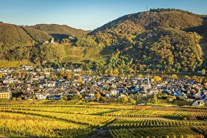 Bernkastel Prints: View from the vineyards above Kues to Bernkastel-Kues with castle ruins Landshut