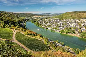 Mosel Wine Prints: View from the vineyards near the Landshut castle ruins to the Moselle and Bernkastel-Kues
