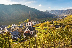 Wine Growing Region Prints: View from the vineyards to the village of Ediger with the church of St