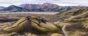 A view towards volcanic crater Stutur and Landmannalaugar mountains, Highlands, Iceland