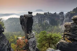 East Germany Prints: View of Wehlnadel (Needles and view of the Bastei rocks in the Elbe Sandstone Mountains