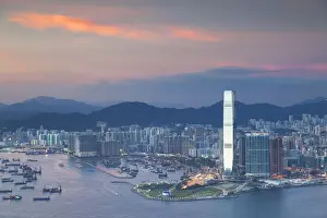 View of West Kowloon and International Commerce Centre (ICC) at sunset, Kowloon, Hong